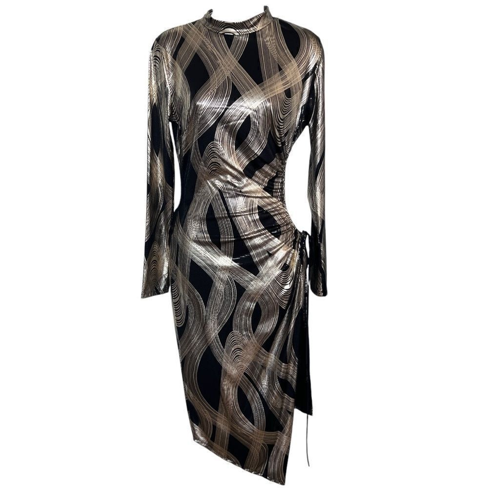 K TOO Vintage Metallic Black Gold Print Long sleeves Dress - Size L